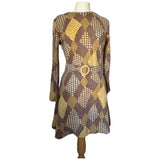 Geometric pattern knitted brown and amber yellow vintage 1960s belted dress