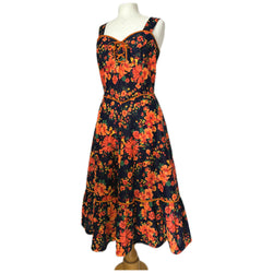 Corset laced vintage 1970s navy blue and orange floral sun dress