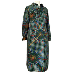 Pine green abstract firework print vintage 1970s day dress