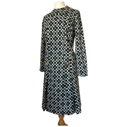 Unworn vintage 1960s geometric print charcoal grey and white day dress
