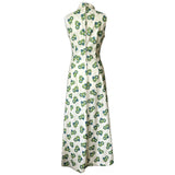 Cream, green and blue geometric print vintage 1970s bow collar maxi dress