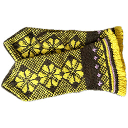 Brown and yellow Fair Isle knit Scandi vintage gauntlet mittens