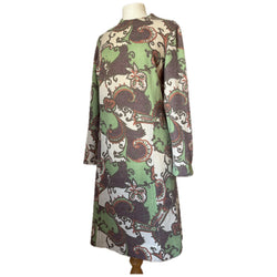 Jade green, brown and white paisley knit psychedelic unworn vintage 1960s day dress