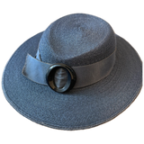 1940s navy blue delicately woven vintage boater hat with buckle