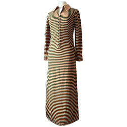 Tan, forest green and terracotta stripe vintage 1970s maxi dress
