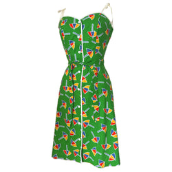 Bright green rainbow parasol print cotton 1970s St Michael sun dress