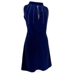 Sapphire blue velvet vintage 1960s cocktail dress with faux pearl trim