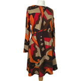 Psychedelic print bold brown and orange jersey 1970s day dress