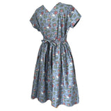 Steel blue rose print cotton vintage 1950s day dress