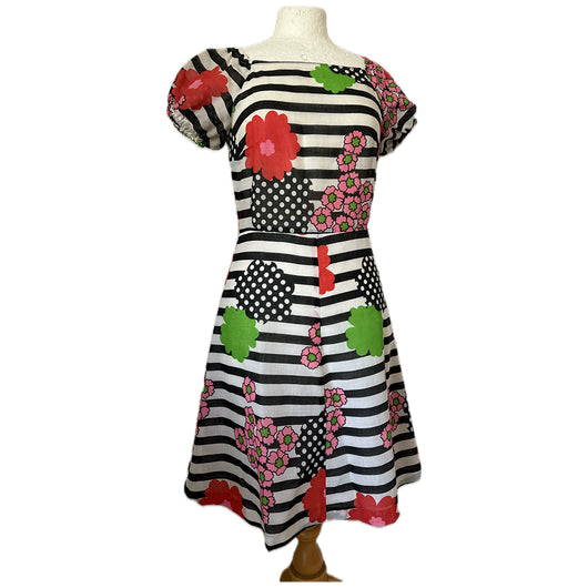 Bold 1970s vintage stripe and floral viscose gypsy mini dress