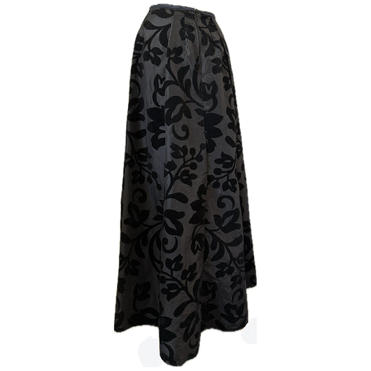 Petite fit vintage black velvet flocked flared maxi skirt