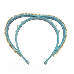 Tudor style vintage blue velvet headband with faux pearls